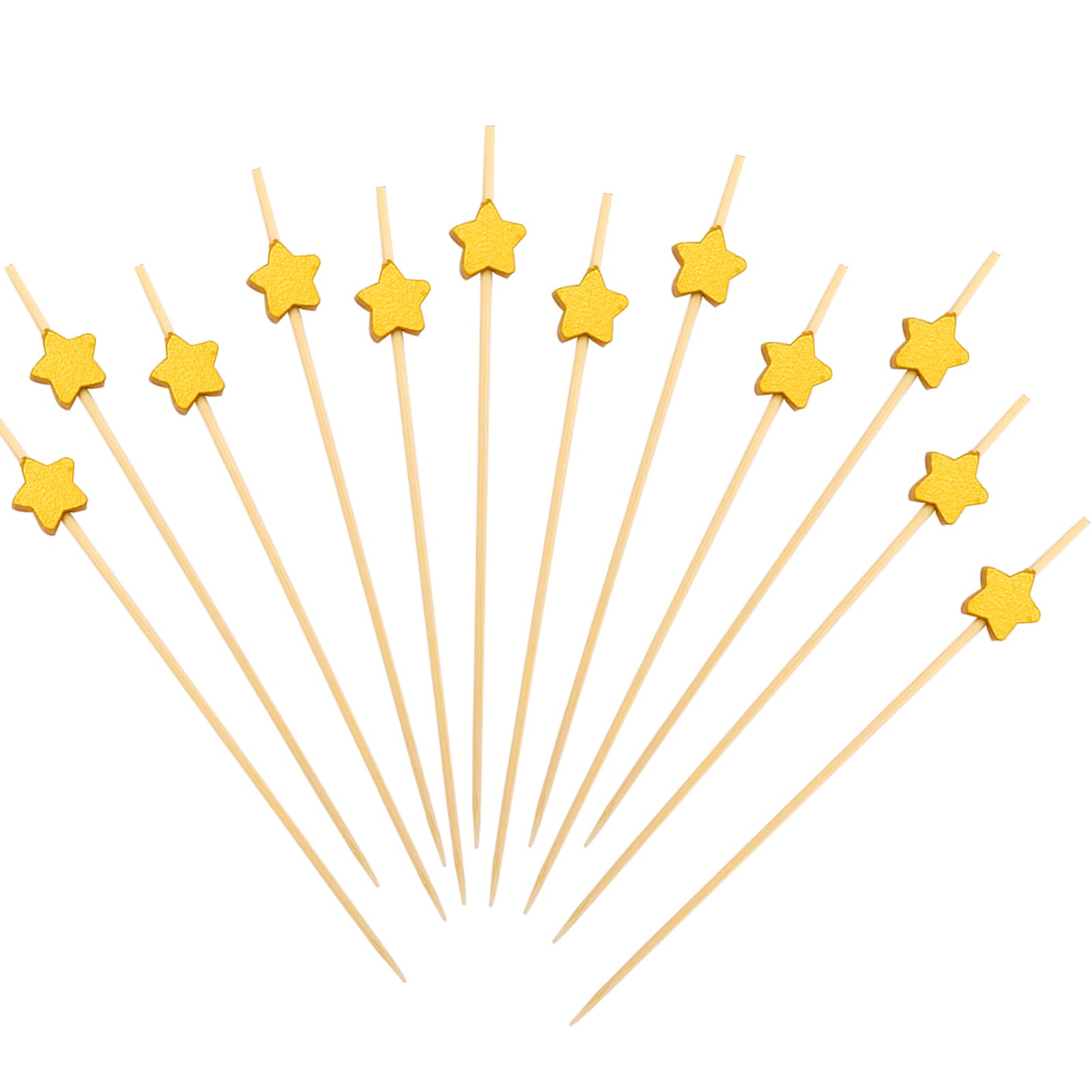 Lot De 100 Brochettes à Cocktail En Forme D'Étoile Dorée - 12 Cm En Bois, Pour Décoration De Gâteaux, Fromage Et Boissons