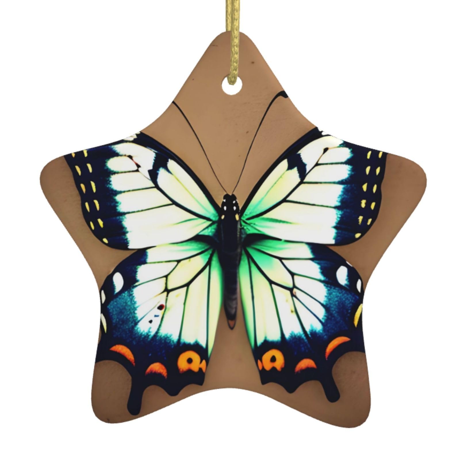 Cute Little Butterfly Christmas Ceramic Star Pendant with Punched Holes and Gold Wire Rope, Christmas Tree Home Decoration