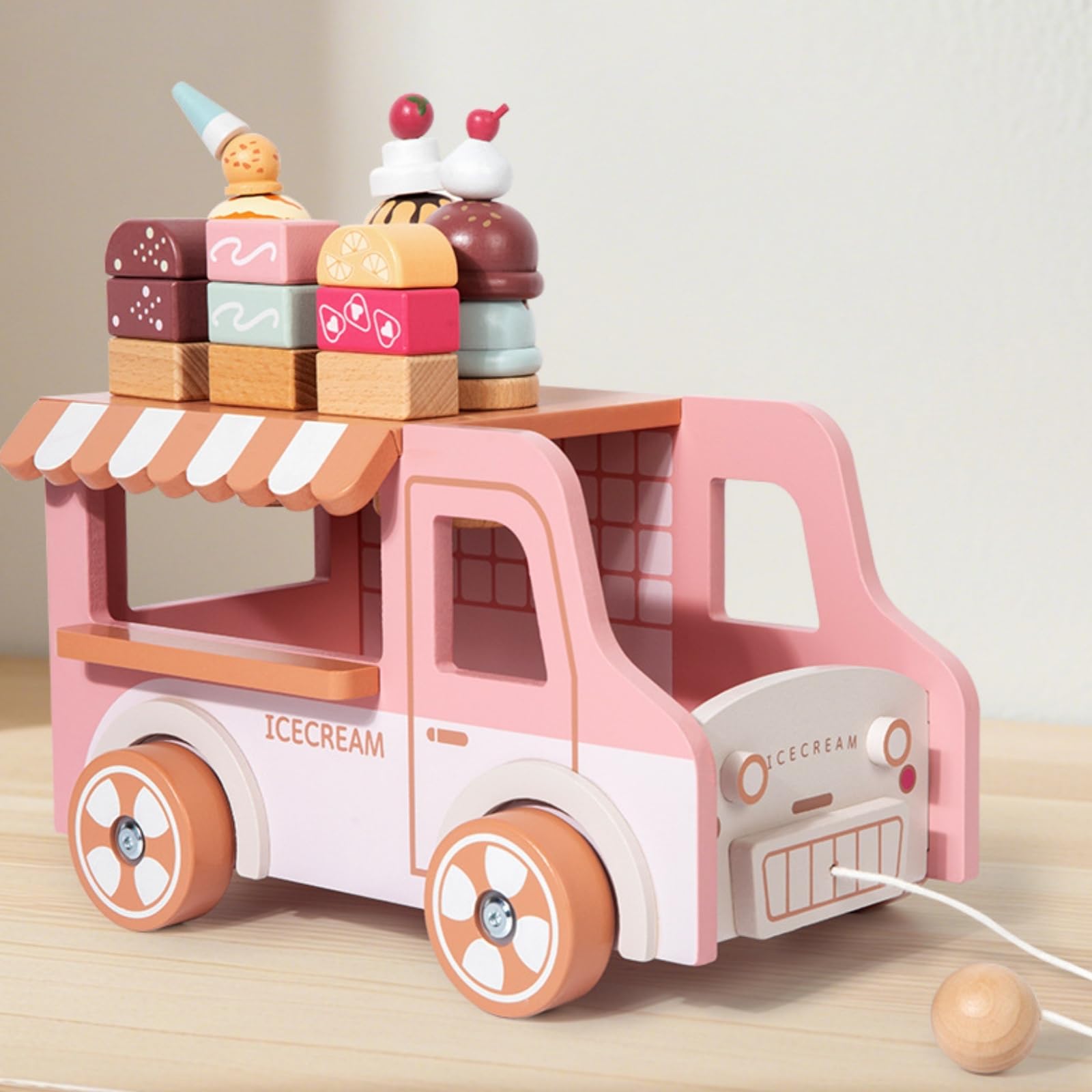 Carrito de Postres de Madera Juguete Camión Infantil Vehículo de Juego Cuerda para Tirar Bola de Madera Toldo a Rayas Helados Impresos Adecuado para