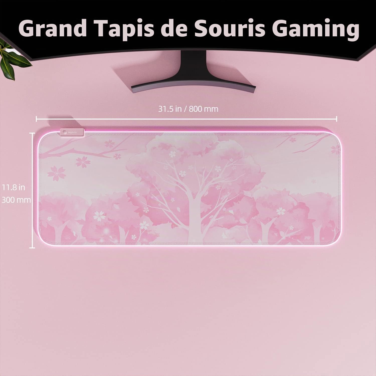 Mytrix RGB Tapis de Souris Rose XXL 800x300mm, 14 Modes d'éclairage, Tapis de Clavier Étanche, Base en Caoutchouc Antidérapant, Grand Tapis de Bureau Étendu, Sakura en Fleur de Cerisier Mignon