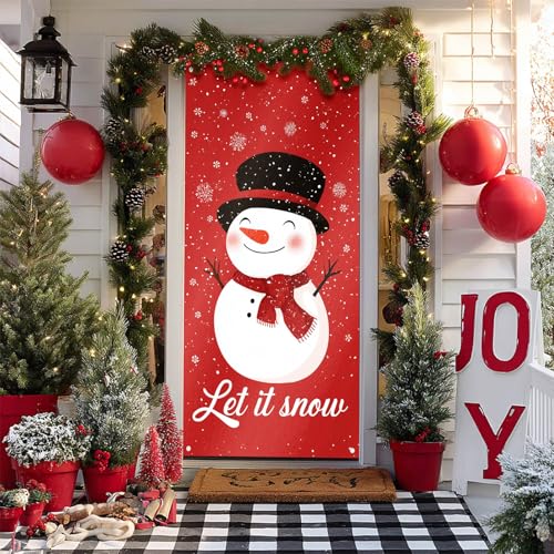 Image of BlissYard Merry Christmas Door Cover 71x35 Inch Front Porch Door Banners Decoration Winter Red Background Snowman with Hat and Scarf Winter Wonderland Theme for Sign Party Indoor Decor