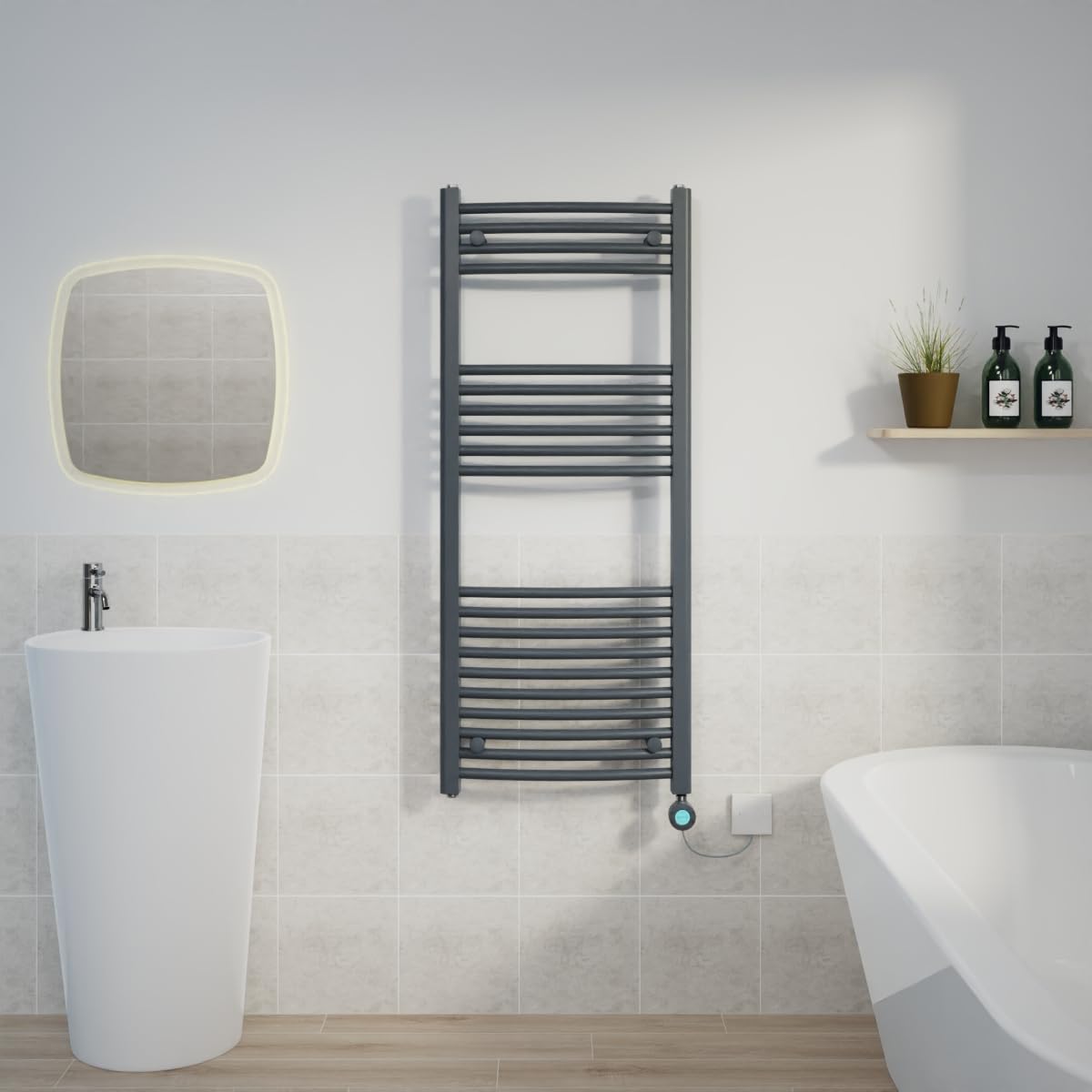 Warmehaus Anthracite Electric Heated Towel Rail Curved Thermostatic Bathroom Towel Radiator With Timer - 1200X500mm 600W