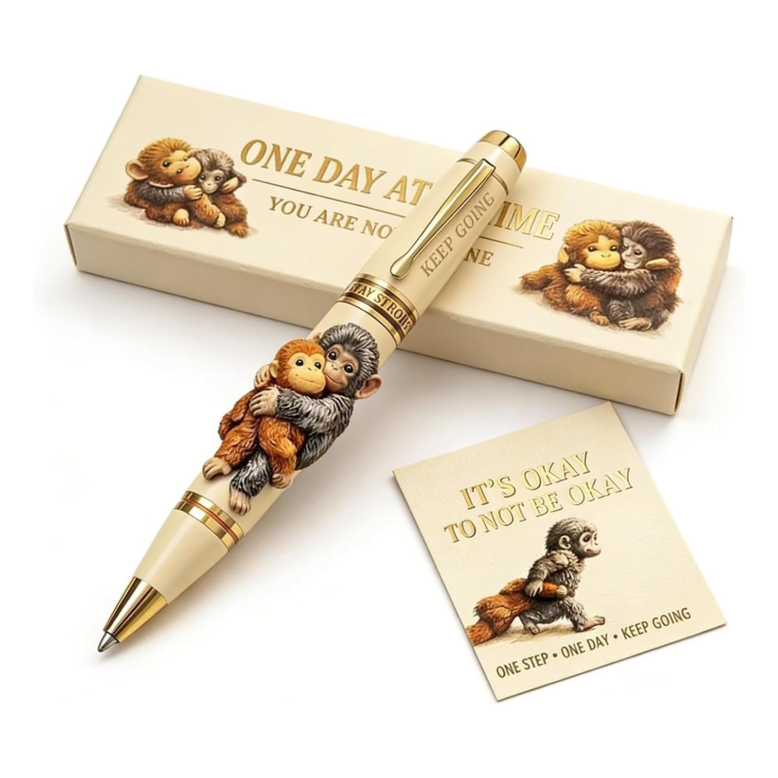 Emotional Support Monkey Pen, Punch Monkey Commemorative Metal Pen, Inspirational One Day at a Time Printed Pens with Card & Gift Box, Comforting Reminder Gift for Friends on Hard Days (1pc)