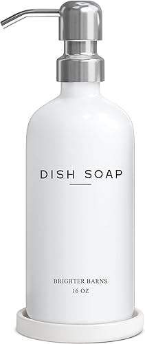 Brighter Barns - Dispensador de jabón para platos de vidrio blanco para fregadero de cocina, moderno dispensador de jabón de cocina, botella de