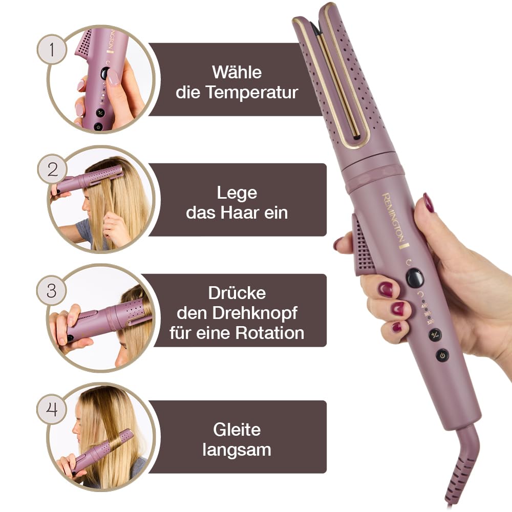 Remington AIRvive™ Lockenstab [rotierend] Ionic Air-Technologie für langanhaltende Locken (Ultra-Keramikstylingplatten mit Anti-Frizz-Mikrowirkstoffen, LED-Display 160-210°C für alle Haartypen) CI8930