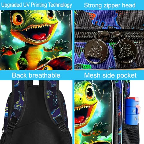 Image of 3Pcs Dinosaur Backpack, Boys Kids Bookbag with Lunch Box, 16 inch Dino School Backpacks for Elementary Preschool Kindergarten (Black)