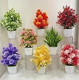 Artificial Potted Plants, 8-Pack Mixed Floral Arrangements, Decorative Faux Plants in White Pots for Home, Office, Bathroom