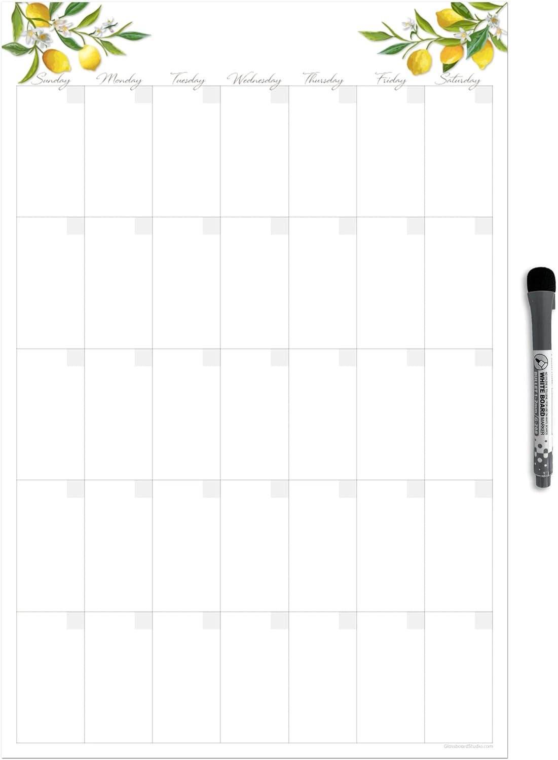 Dry Erase Monthly Calendar Planner Sticker Decal | Removable & Reusable | Magnetic Fine-Tip Marker Included (12 x 18 inches, Lemon)