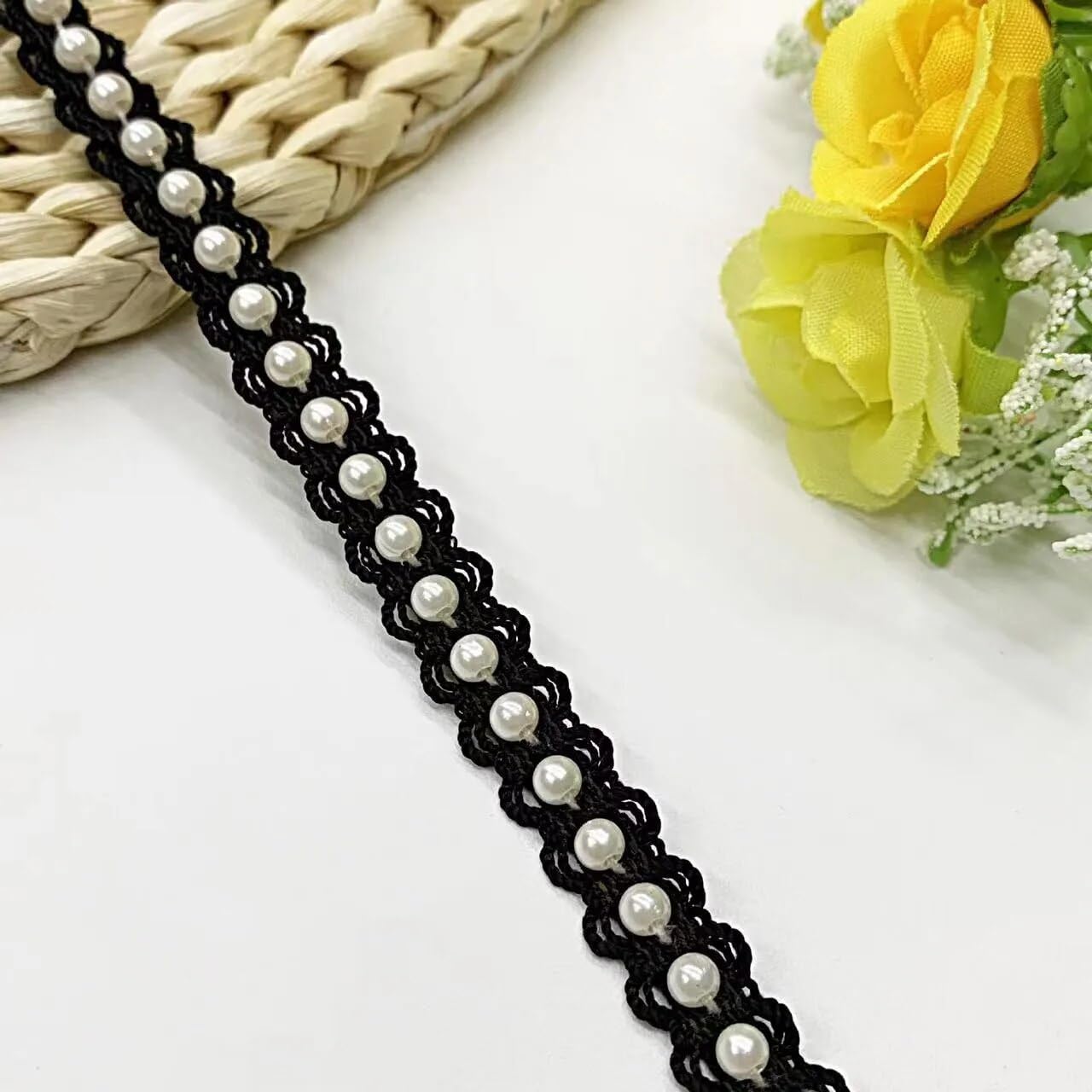 Koronkowe wykończenie, 1 jard (ok. 91 cm) haftowany kwiat tiul koronka tkanina wykończenie 1 cm DIY szycie aplikacja falbana kołnierz sukienka gipiura ozdoba (czarne) (czarno-białe koraliki)