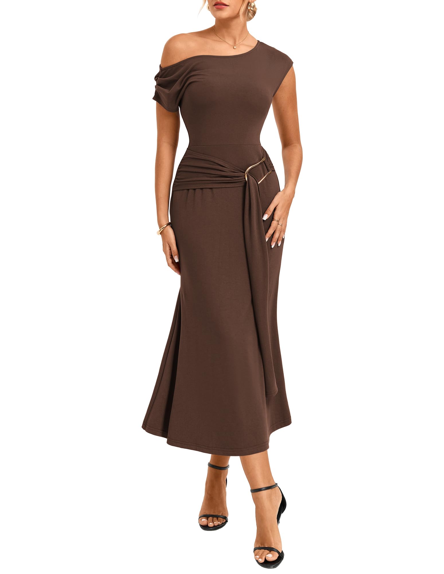 GRACE KARIN Maxi abito da donna aderente con maniche ad aletta asimmetriche e collo obliquo, fascia e decorazione in metallo