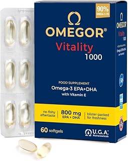 OMEGOR Vitality 1000 Omega 3 60 Cápsulas IFOS Certificado - Aceite de Pescado Omega-3 1000mg con EPA y DHA - Libre de Metales Pesados, Sin Sabor a Pes