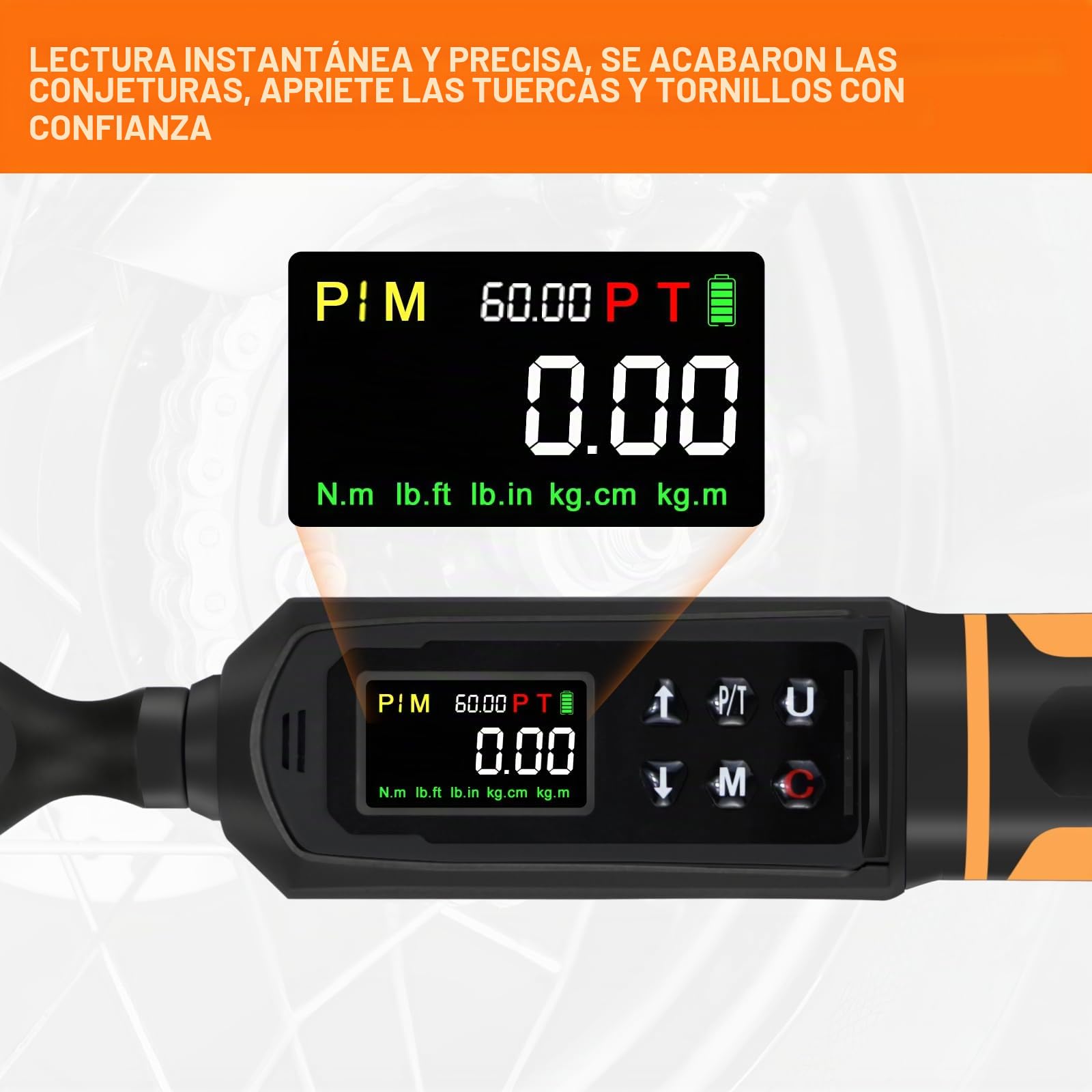 Uharbour Llave Dinamométrica Digital 3/8" Drive, 0,9-60 Nm – Precisión ±1%, 5 Unidades (in-lb/ft-lb/Nm/kg-cm/kg·m), con Zumbador y Alertas LED – Para Bicicleta, Moto y Coche
