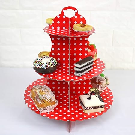 Amazon Co Jp Nmas カップケーキスタンド 3段 ペーパーデザートタワー 1セット 赤い水玉 カップケーキホルダー 再利用可能 お菓子作り ペストリー大皿 食品ディスプレイ 結婚式 誕生日パーティー ベビーシャワー 卒業式 ホーム キッチン