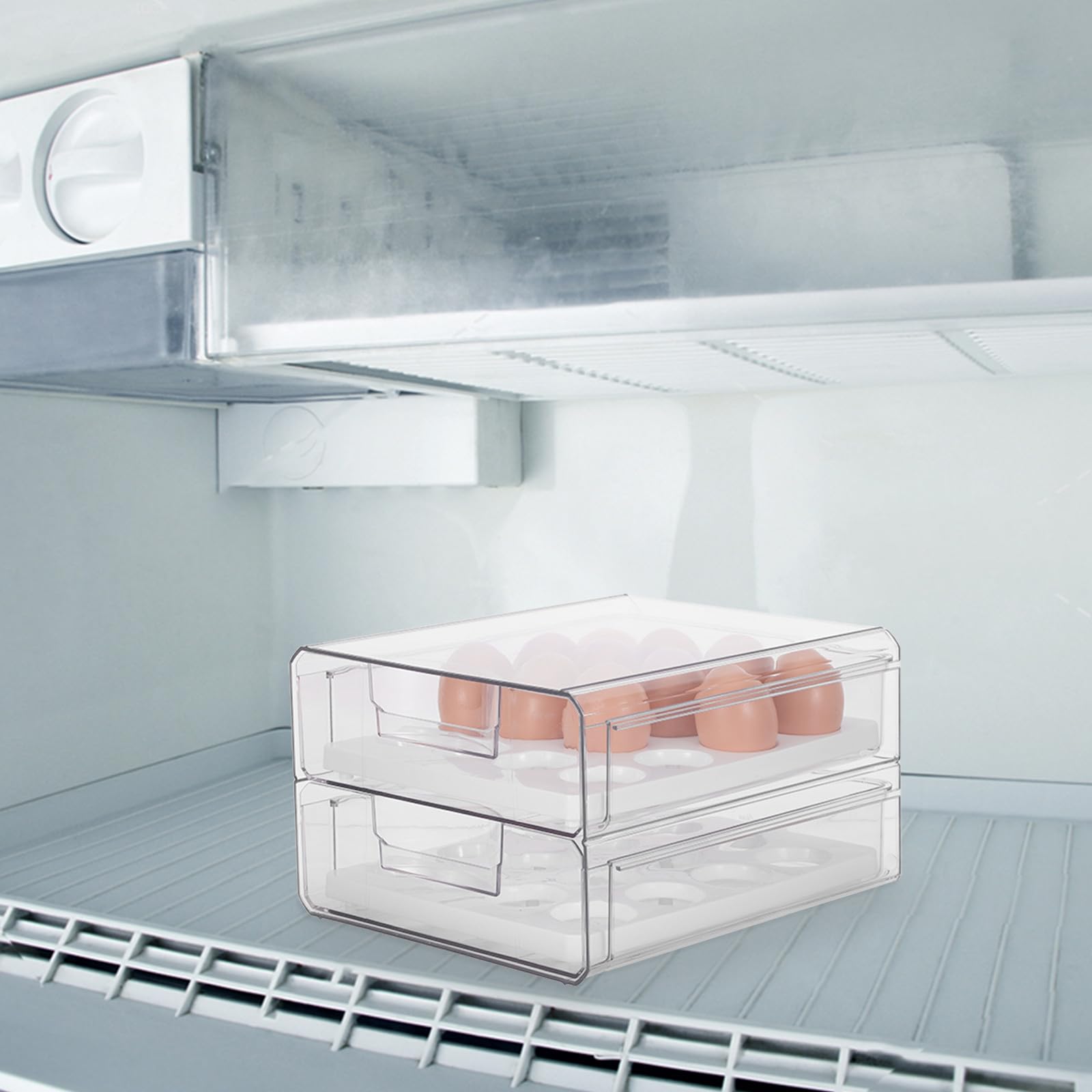 Huevera Transparente para Refrigerador de Plástico 2 Cajones, 32 Huevos | Doble Capa Orificios, Apilable y Deslizable, para Cocina y Frigorífico