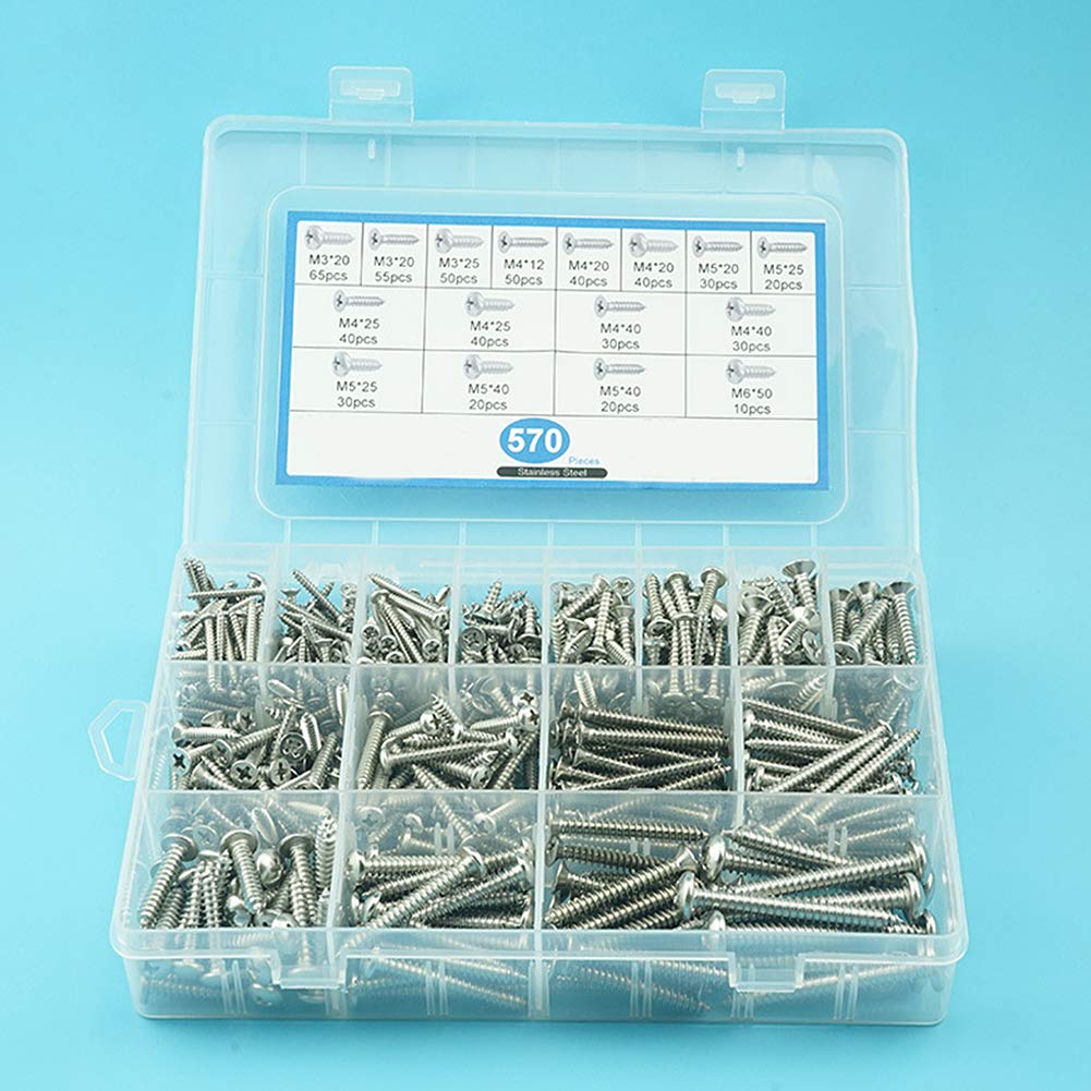 570 Pezzi M3 M4 M5 M6 Viti Set di Bulloni Croce Testa Bombata Testa Svasata Chiodi Viti Autofilettanti Kit Assortimento