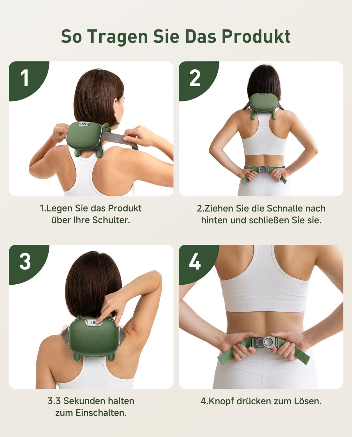 Massagegerät, 4D Nackenmassagegerät mit Wärme, Tragbares Nacken, 3 Modi und 2 Heizstufen, USB Elektrische, Entspannt die Muskeln und lindert Müdigkeit, für Zuhause & Büro, Grün