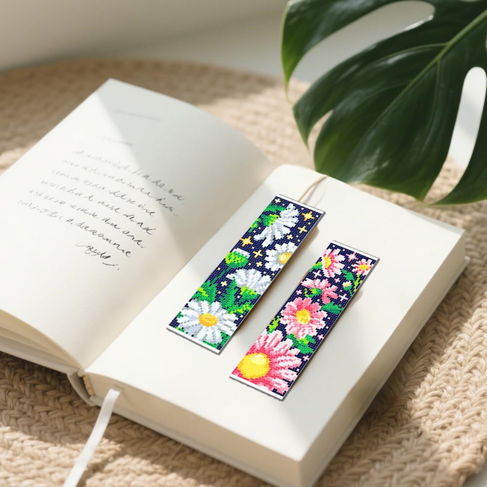 FREEBLOSS 6 Set Cross Stitch Bookmark Kit 11 CT Stamped Cross Stitch Kit DIY Embroidery Bookmark Kits for Adult Beginners with Instructions, Daisy Pattern, 6 x 20 cm/8" x 2.4"