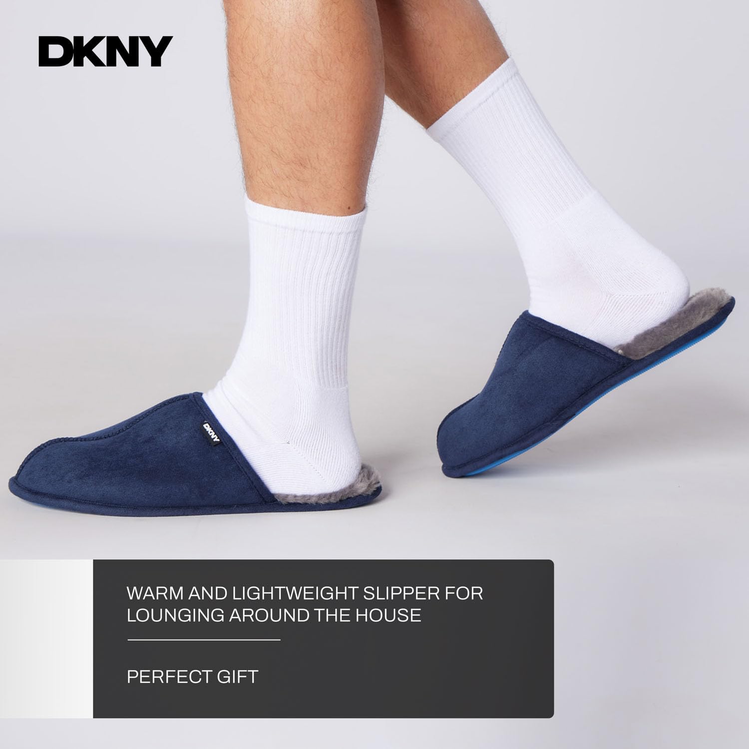 DKNY Kapcie męskie, wygodne, zamszowe kapcie dla mężczyzn z ciepłą podszewką ze sztucznego futra, pantofle, miękkie i oddychające, dostępne w kolorze czarnym, szarym, jasnobrązowym i granatowym