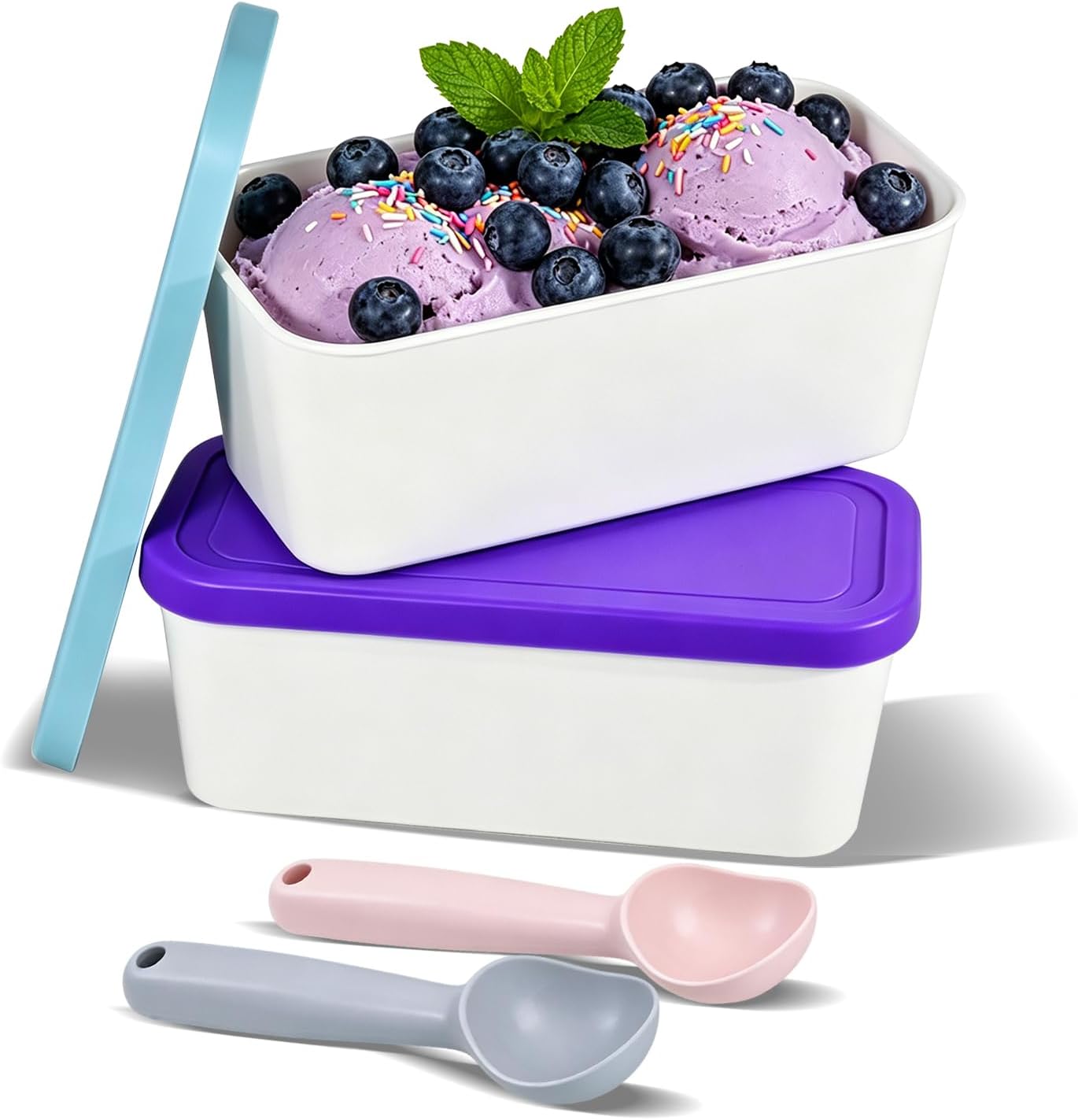 Ice Cream Containers with Aluminum Spoons, 2Qt Ice Cream Containers Set of 2, Reusable Freezer Storage for Homemade Ice Cream and Sorbet, Frozen Yogurt Flexible Silicone Lids, Stackable - Blue & Red