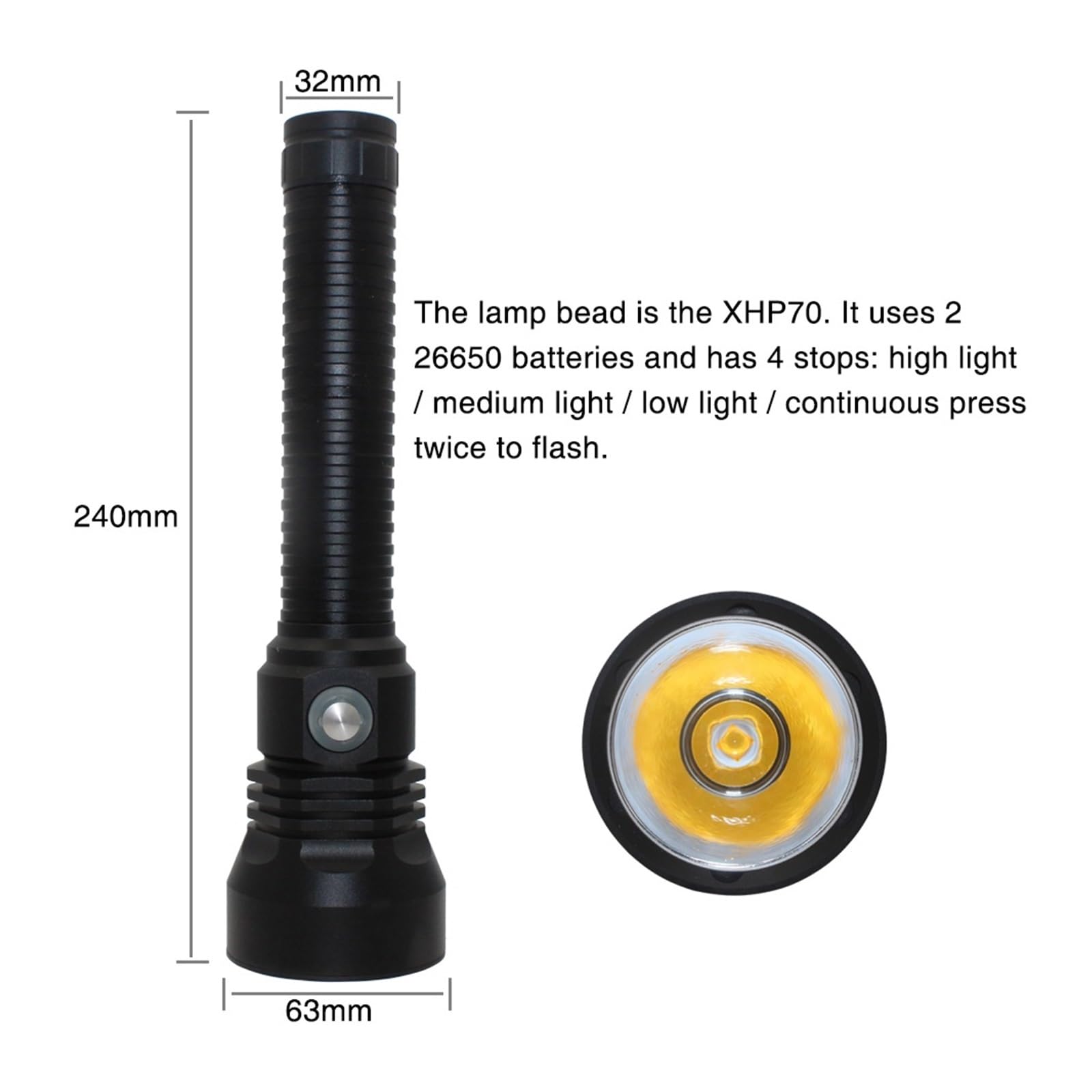 Latarka do nurkowania, XHP70.2 Latarka Do Nurkowania LED Światło Podwodne Wodoszczelna Potężna Łowiectwo Taktyczne Flashlgihts 26650 Lampa Akumulatorowa do sportów podwodnych(White Light)