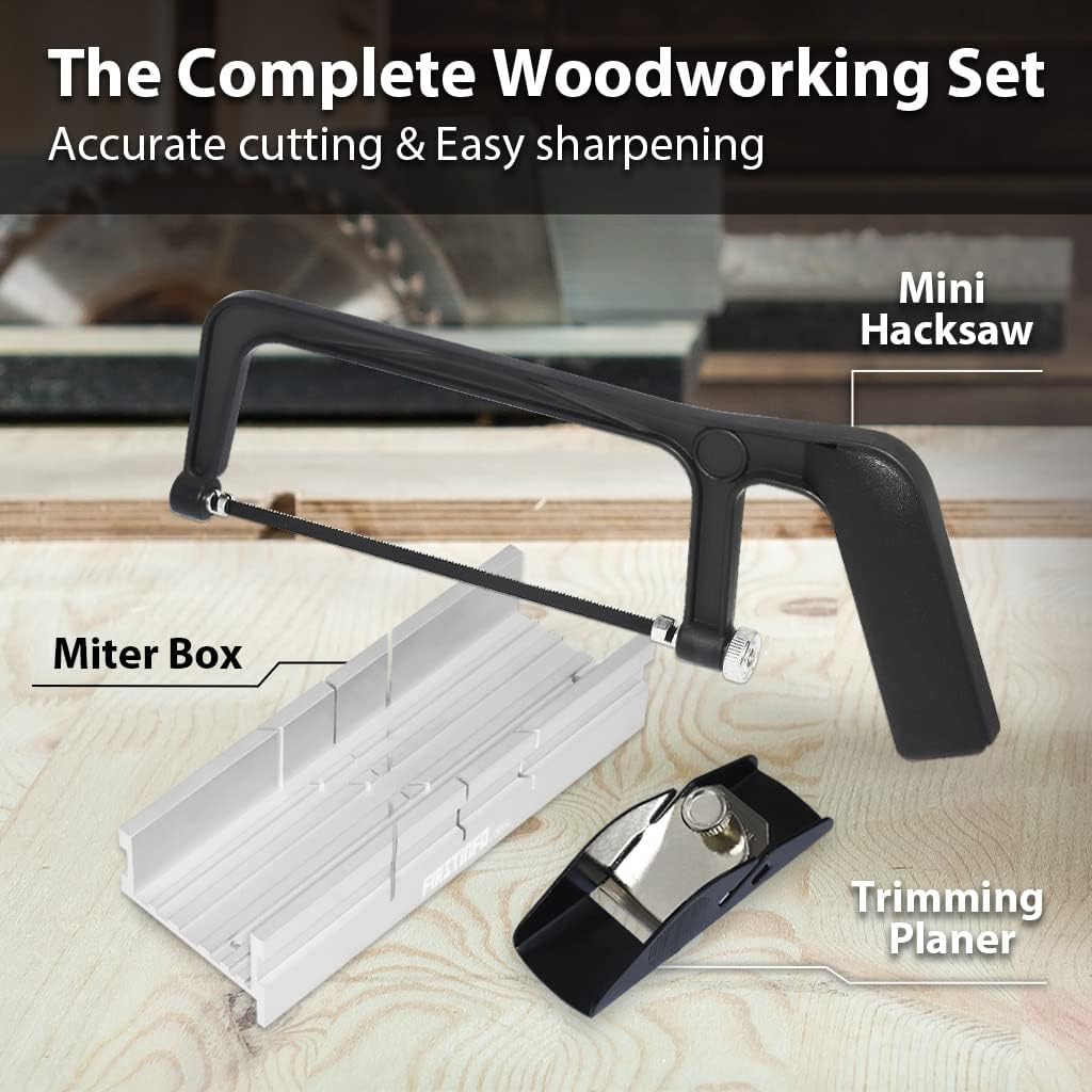 FIRSTINFO Aluminum Thin Slot Miter Box Set with Mini Hacksaw and Trimming Planer, Slot Angles 45, 90, 135 Degree