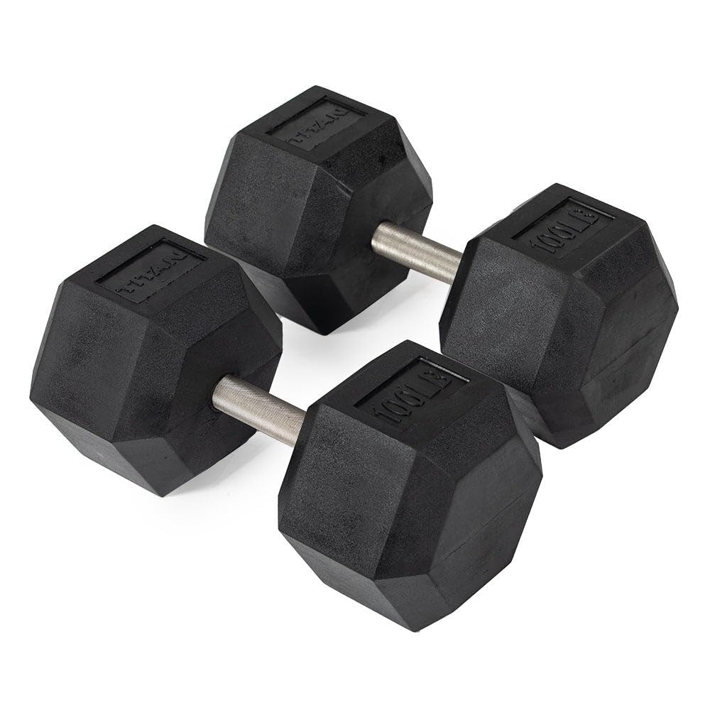Titan Fitness 100 LB Pair Free Weights Black Rubber Coated Hex Dumbbell Straight Stainless Steel Handle Strength Training
