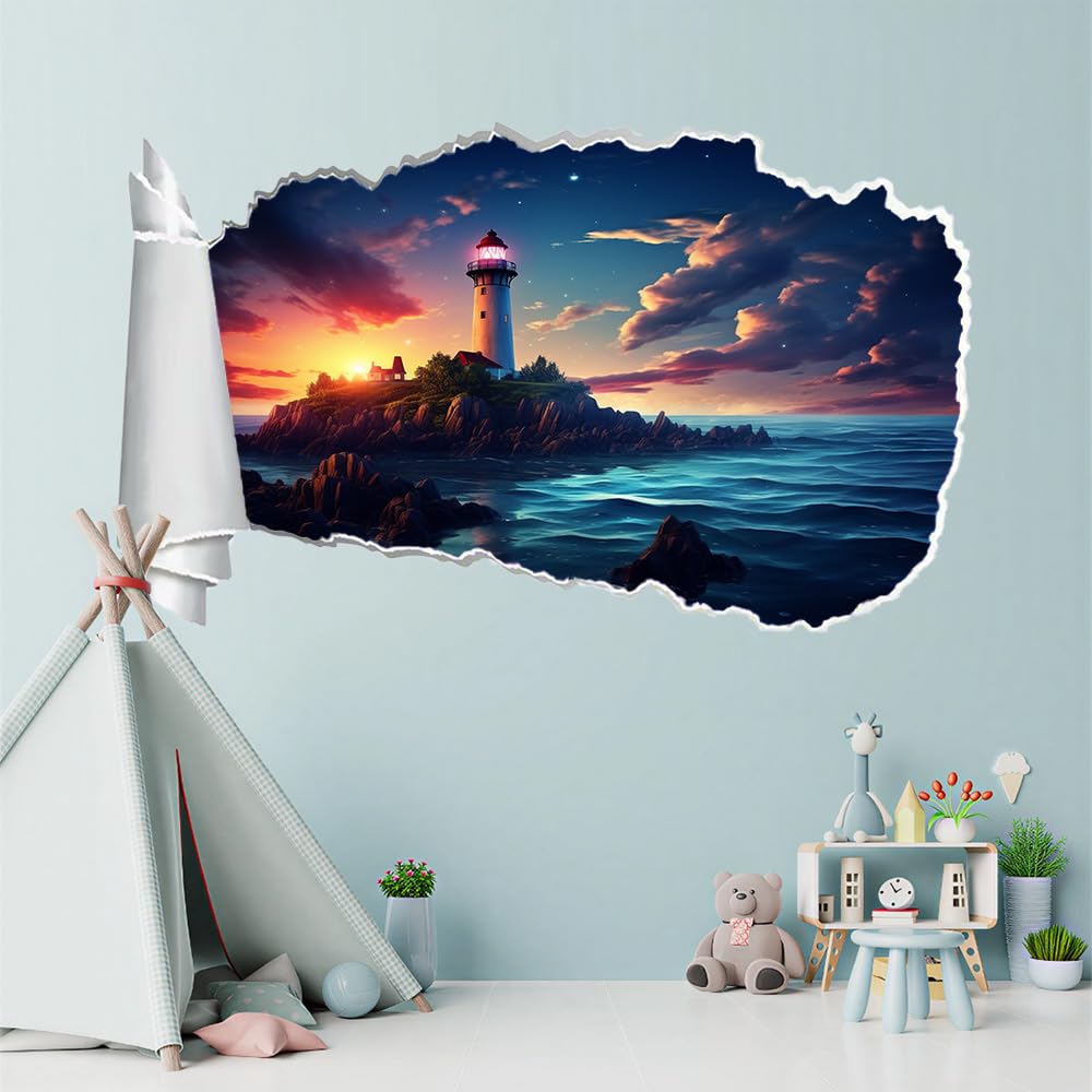 3D Wandtattoo Durchbruch Wanddeko Leuchtturminsel Wanddurchbruch sticker Wandbild Wandsticker Sonnenuntergangsblick Wohnzimmer Wanddeko Wandaufkleber für Kinderzimmer Teenager Zimmer