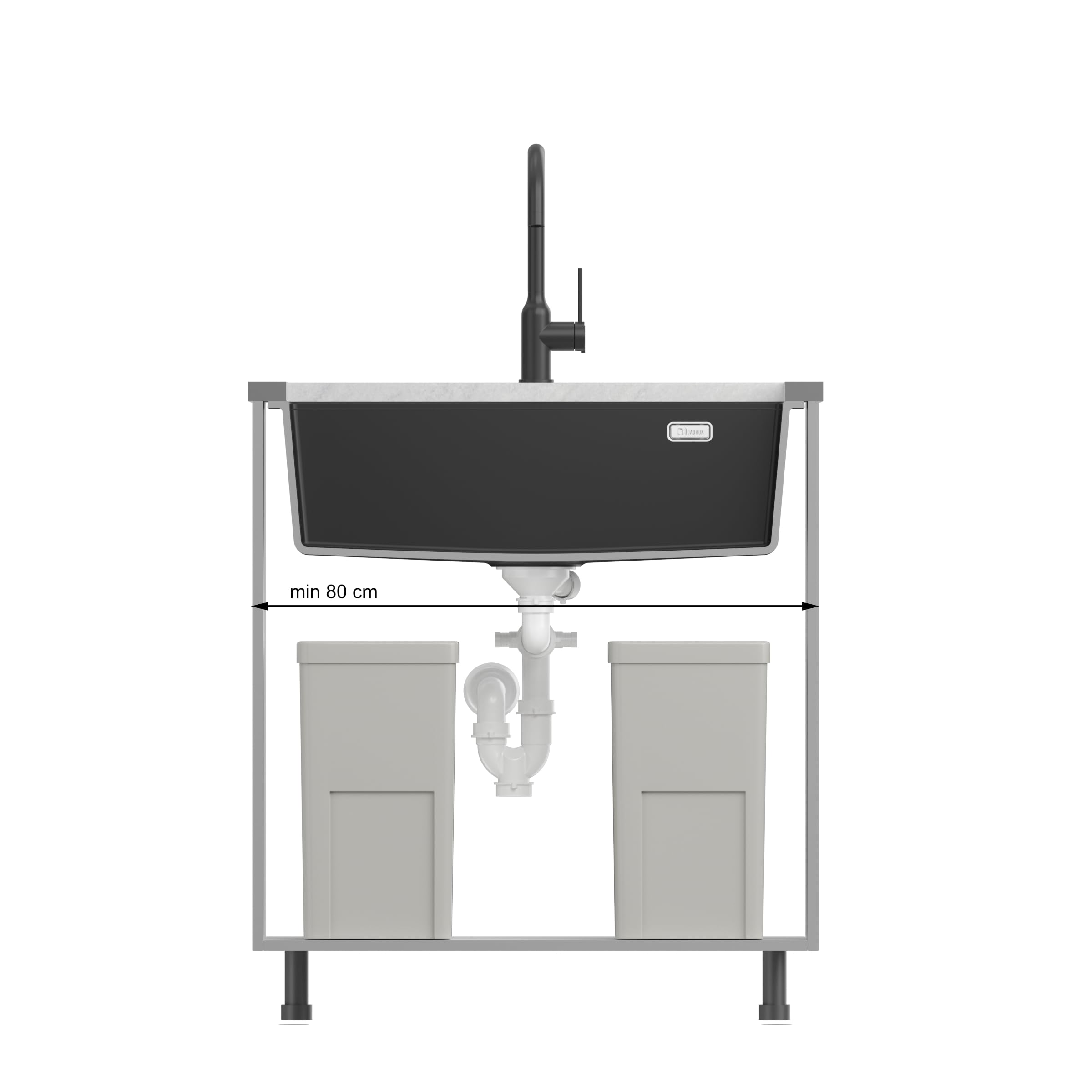 QUADRON Fregadero de un seno Fregadero de granito cocina | tamaño 70 x 37 x 23,5 cm Color: Topo suave y acero | Fregadero LOGAN 110 | Fregadero bajo encimera Base de armario a partir de 80 cm