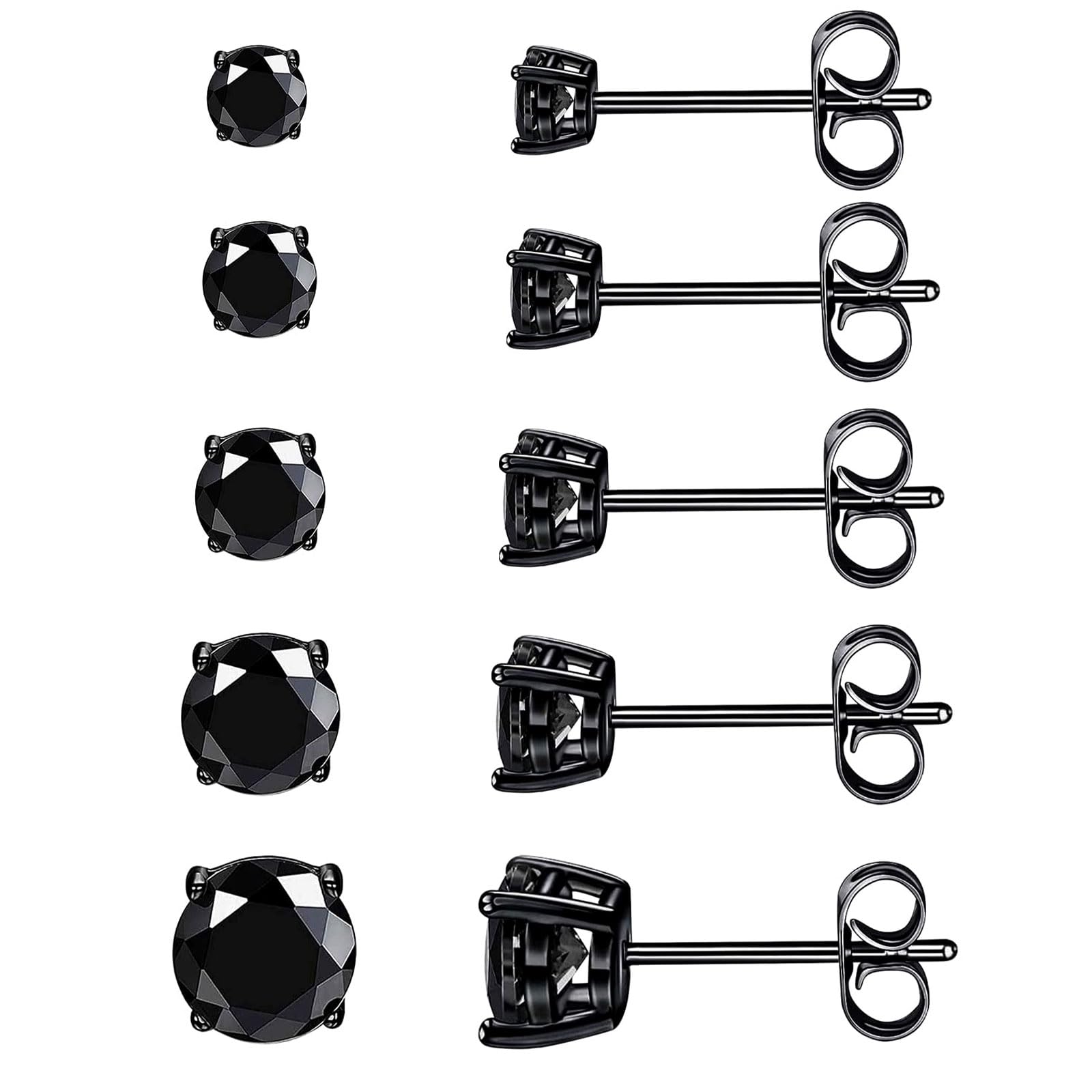 5 Pairs Stud Earrings Set for Men 18K Black Gold Plated 3/4/5/6/7mm Round Crystal Ear Piercing Hypoallergenic Jewelry Women