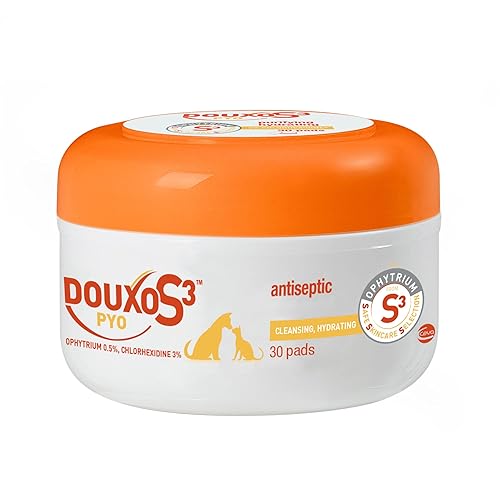 Douxo S3 Pyo Pads, Contains 3% Chlorhexidine & 0.5% Ophytrium, Antiseptic & Hydrating, For Bacterial or Yeast Skin Infections, For Dogs and Cats, 30 Pads