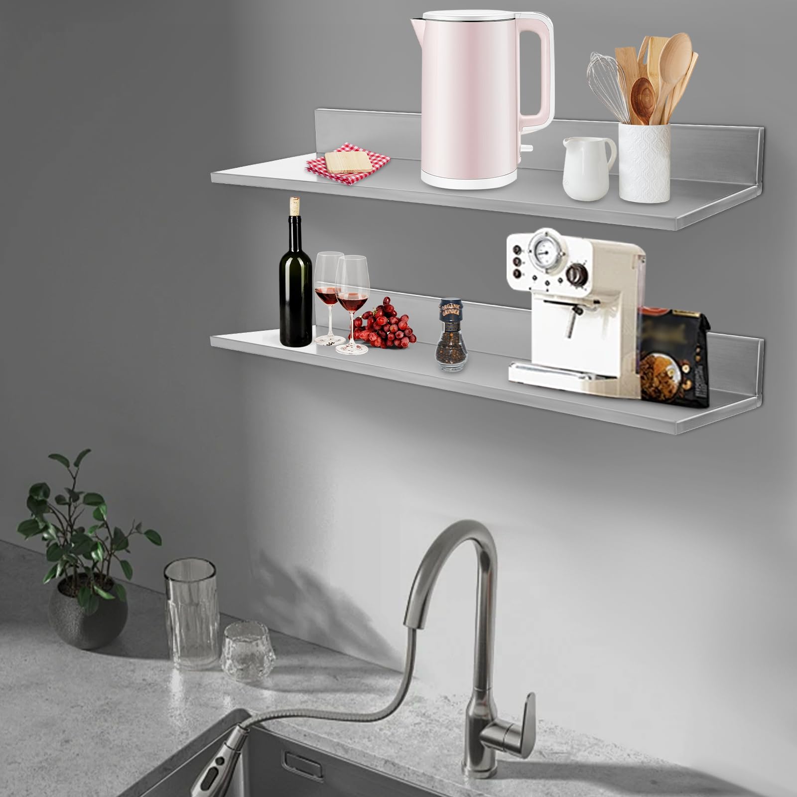 Estantería para especias de pared de acero inoxidable, juego de 2 unidades, estante para especias colgante, 18 kg, estante de cocina para especias, soporte para utensilios de cocina, montaje en