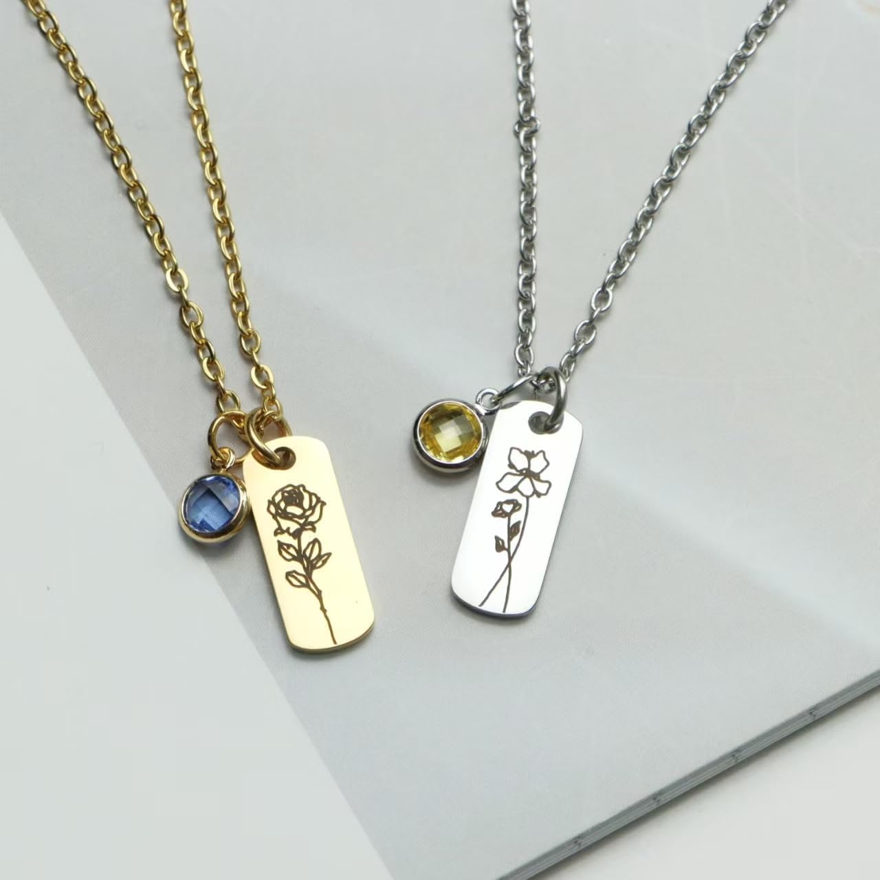 Personalized Birth Flower Necklace for Women,Custom Bar Charm Name Necklace with Engraving,Gold/Silver/Rose Gold Friendship Necklace with Birthstone,Mother's Day Mama Necklace - Image 5