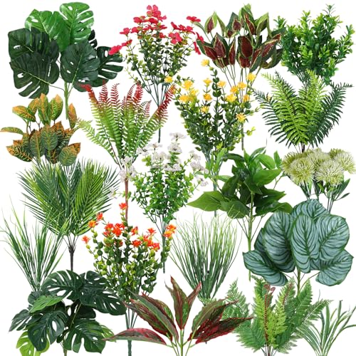 Suncalla 20 Pcs Artificial Plants Outdoor, Faux Tropical Plants Mixed