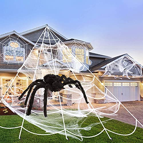 JOINSI Telaraña de 23 pies para decoración de Halloween + araña falsa gigante de 2.5 pies + seda de araña densa elástica + 20 arañas pequeñas para interiores y exteriores, patio, hogar, fiesta