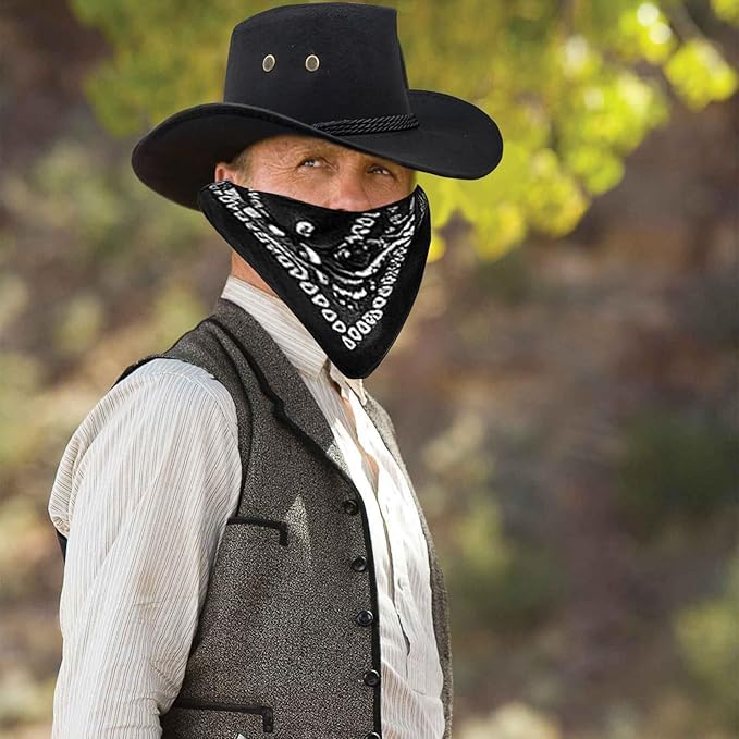 MALLOOM Lot de 6 Chapeau de cowboy avec bandana, chapeau de cowgirl avec cordon de serrage réglable, Noir costume pour adulte, accessoires de fête, chapeau de cowboy pour fête