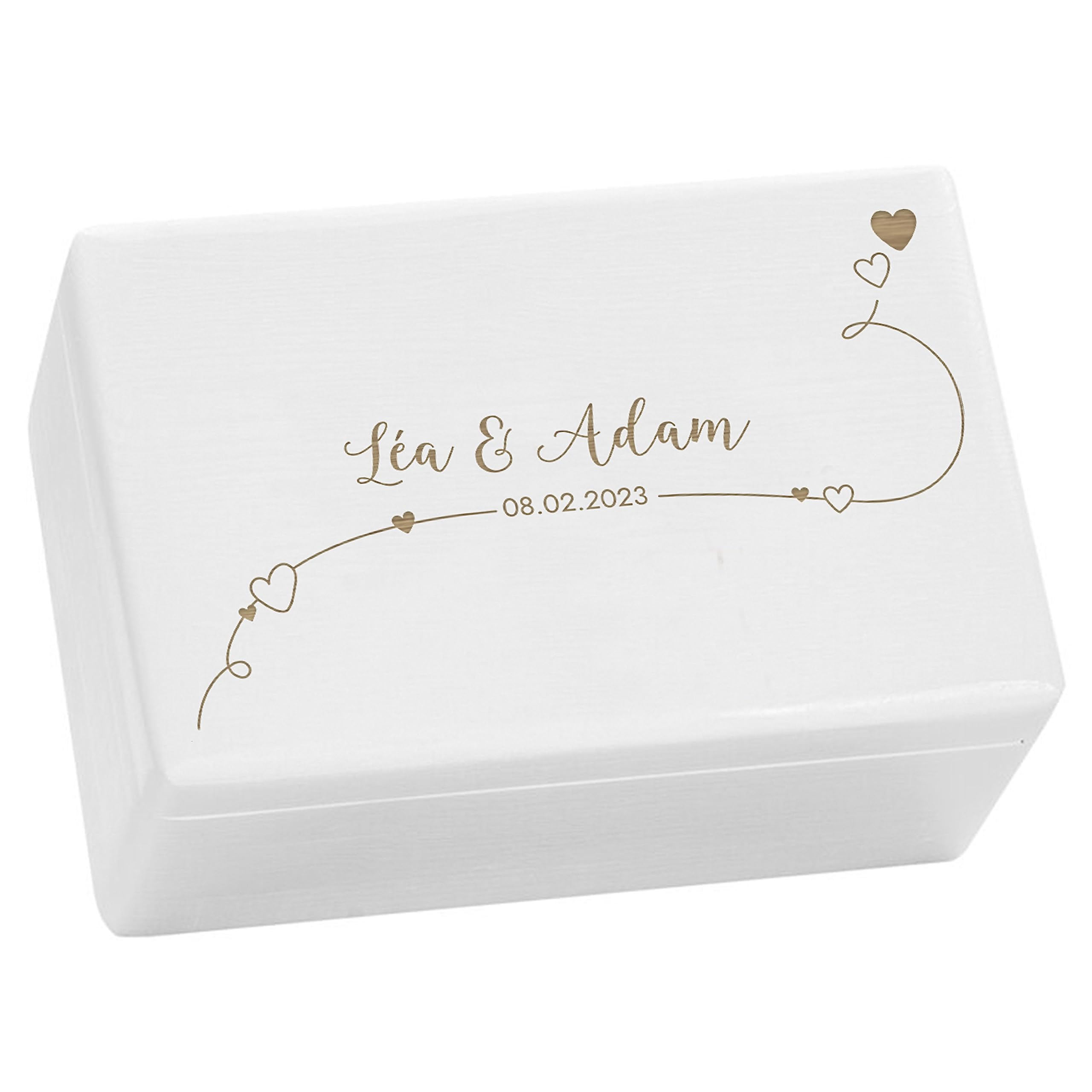 LAUBLUST Boîte à souvenirs de mariage personnalisée | Caisse en bois de rangement avec couvercle gravé - Moitiés | Cadeau pour les mariés - FSC® (Blanc sans fermeture, env. 30 x 20 x 14 cm | M)