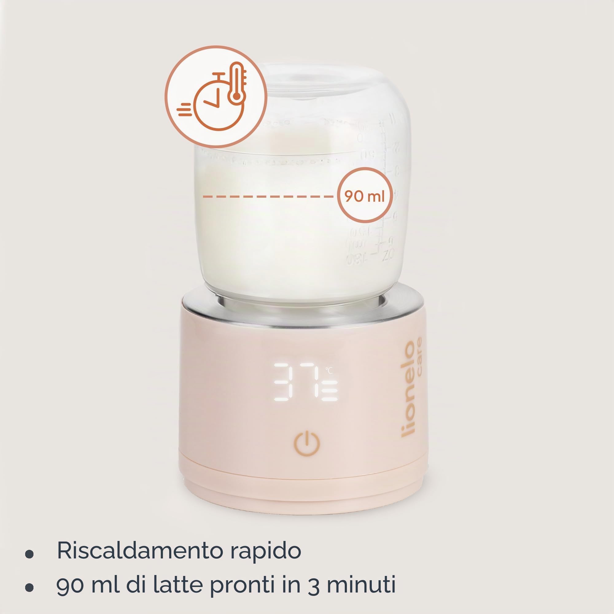 Lionelo THERMUP SWIFT Scaldabiberon Portatile per Neonato da Viaggio, BPA Free, Contenitore Latte 180 ml, 4 Temperature 37-50 °C, USB-C senza Fili, 5000 mAh, Riscaldamento 90 ml in 3 min, 5 Adattatori