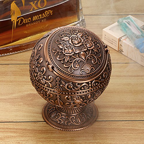 BSTKY Windbestendige vintage asbak met deksel – klassiek burgenpatroon, tafelasbak, voor binnen en buiten, retro, voor thuis, kantoor, als decoratie roodbrons - Image 8