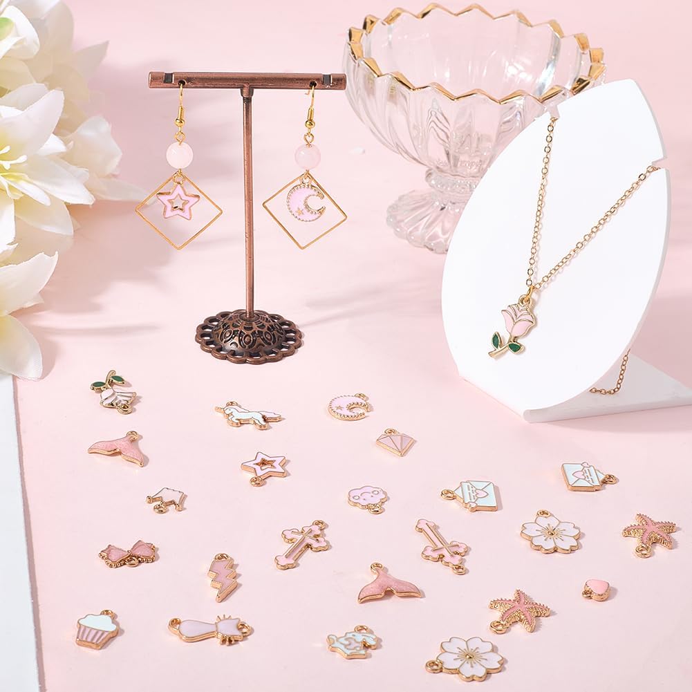 SUNNYCLUE 1 Box 40Pcs 20 Styles Assorted Pink Charms Gold Enamel Charms Bulk Metal Alloy Heart Bowknot Star Rose Flowers Animal Shaped Pendants for Jewelry Making Bracelet Necklace DIY Craft Findings - Image 3