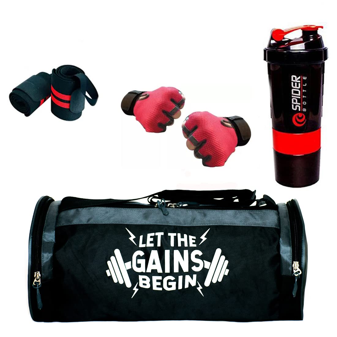 Hang It Gym Bag Combo for Men and Women With Shoe Compartment, Black Bottle, Wristband, Gloves - Fitness Kit (Red)