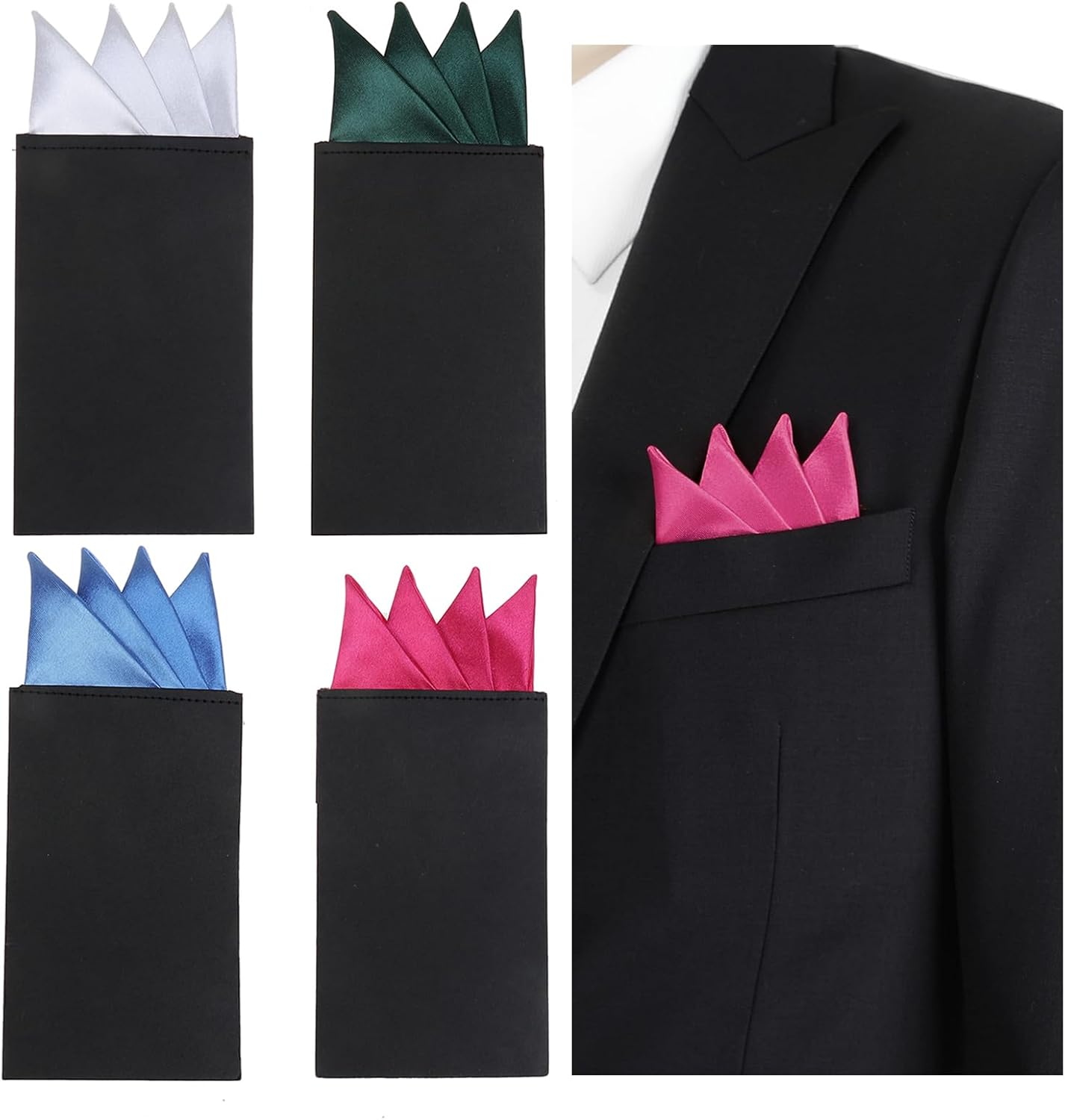 4pcs Men’s Flat Prefolded Pocket Square Solid Triangles Suit Handkerchief, Silk Mens Pocket Squares on Card Set Hanky Adjustable Cardboard for Jacket or Wedding Formal Tuxedo