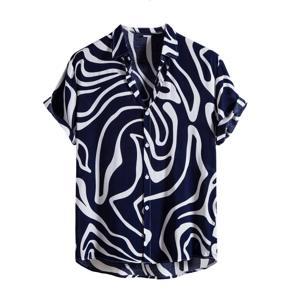 Dninmim Men's Black Stripe Button Short Sleeve Shirt Hawaiian Casual Beach Party Vacation Tops