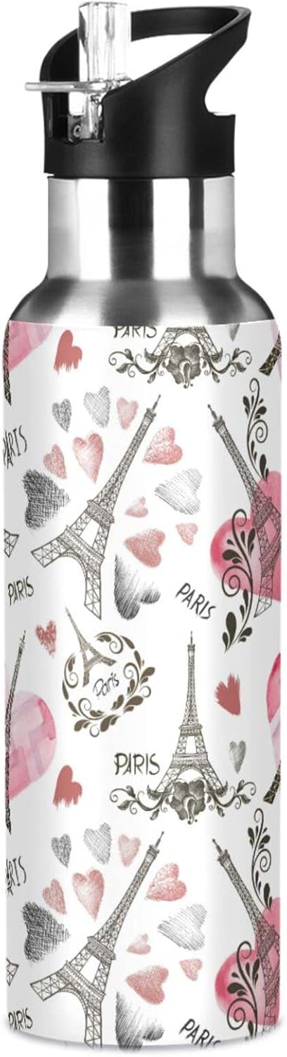 Wusikd Paris Eiffel Tower Water Bottle with Straw Lid Double Wall Heart Thermos Bottle Vacuum Insulated Flask Stainless Steel Water Bottle for Gym Outdoor 20 OZ