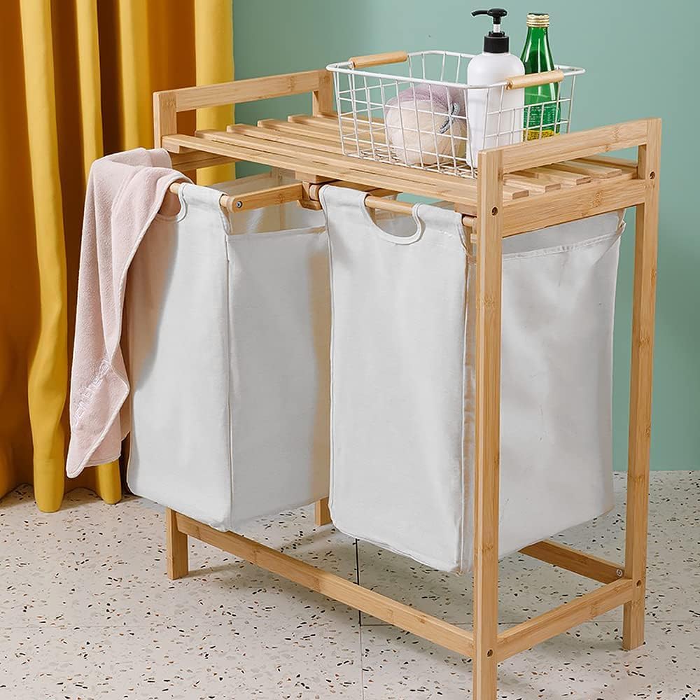 Beauty Panda Laundry Hamper with Shelf, 2 Sections Wooden Laundry Basket with Sliding Removable Bags, Teakwood Laundry Organizer with Double Compartments, Laundry Sorter with Handles (BIN5)-image-49