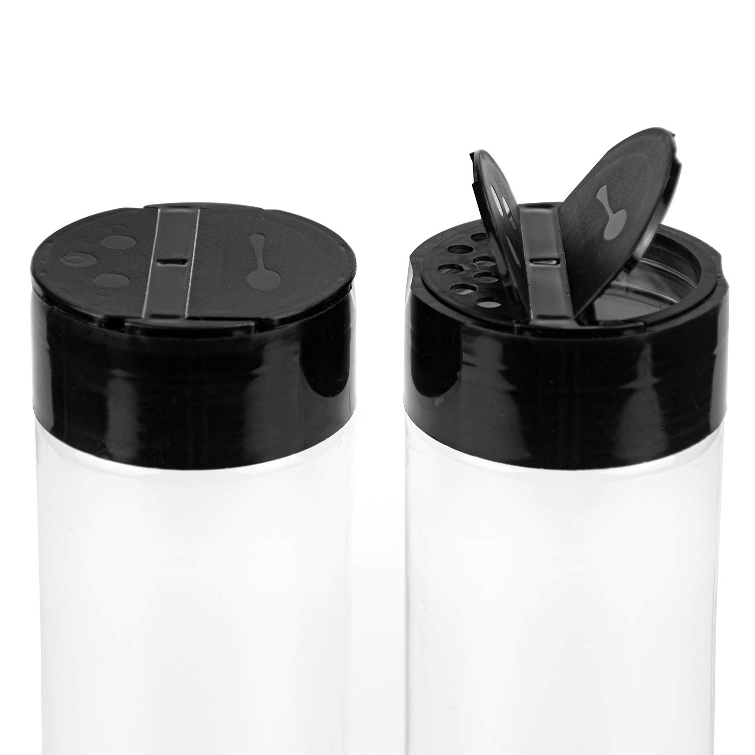 Foraineam Lot de 16 pots à épices en plastique avec bouchon noir pour verser ou tamiser, parfait pour ranger les épices, les poudres et les herbes