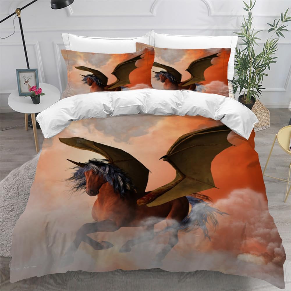 MEVASA Single Bed Kids Bedding Horse Duvet Cover Set Kids Girls Teens Boys Single Bedding Animals Painting Fluffy Microfiber Hypoallergenic Single Duvet Cover 3 Pieces /135x200