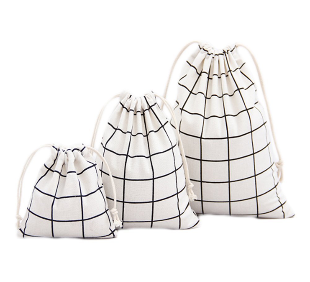 Monbedos 3Pcs Drawstring Bags White Grid Storage Bag Cotton Linen Bag for Home or Arts Stuff or Travel (Large 25 x 32 cm, Medium 19 X 24cm, Little 14 X 16 cm)