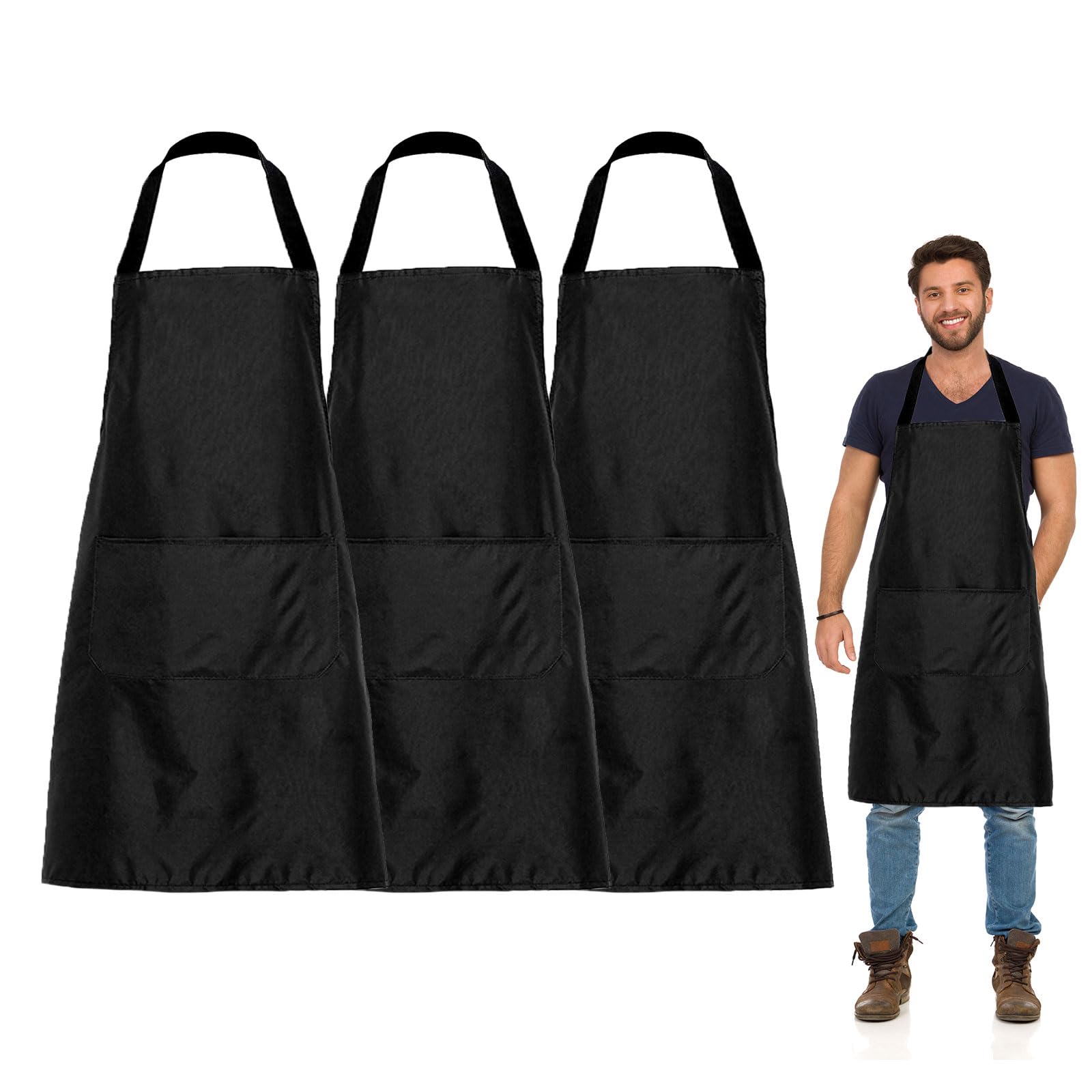 3 Piezas Chef Delantal de Cocina Impermeable Con 2 Bolsillos y Correas Largas para Cocinar, Barbacoa, Hornear, Restaurante y Jardinería