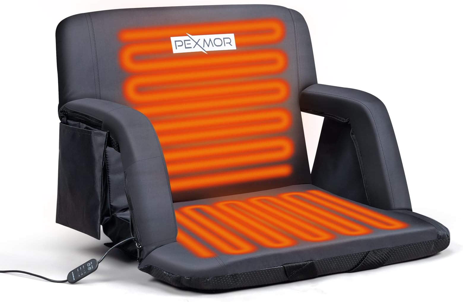 PEXMORHeated Stadium Seats w/Back Support 3 Level Heating, 5 Reclining Positions Portable Bleacher Chair w/Cushion & Armrest, w/2 Pockets, Carrying Bag, No Battery