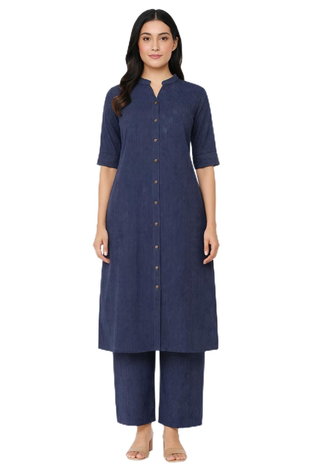 Women's Cotton Straight Kurti with Wide Leg Pants, Elbow Sleeve, Mandarin Collar, Multicolour (IN, Alpha, L, Regular, Blue)-picture-19